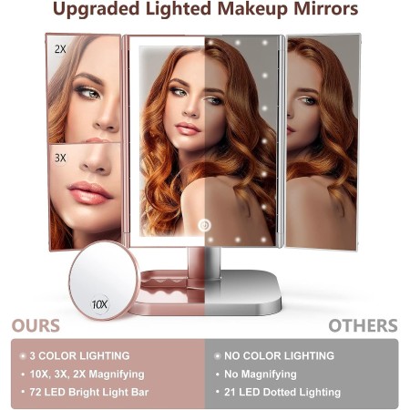 NIKKOMON Espejo de maquillaje con luces, 72 LED, espejo de tocador de 3 colores, espejo de maquillaje iluminado, aumento de 10 x