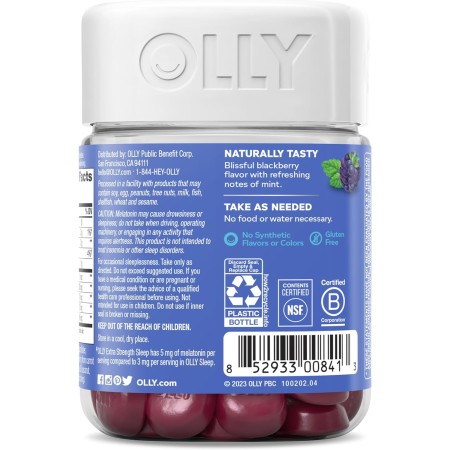 OLLY Gomitas extra fuertes para dormir, apoyo ocasional para dormir, 5 mg de melatonina, L-teanina, manzanilla, bálsamo de