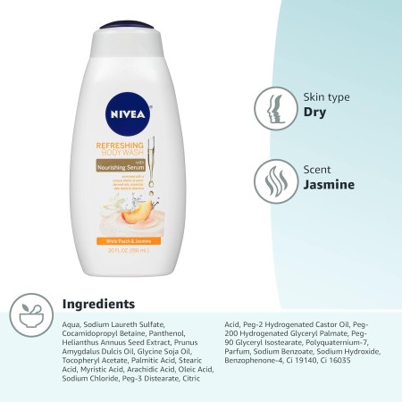 NIVEA Gel de baño White Peach and Jasmine con suero nutritivo, 20 onzas líquidas