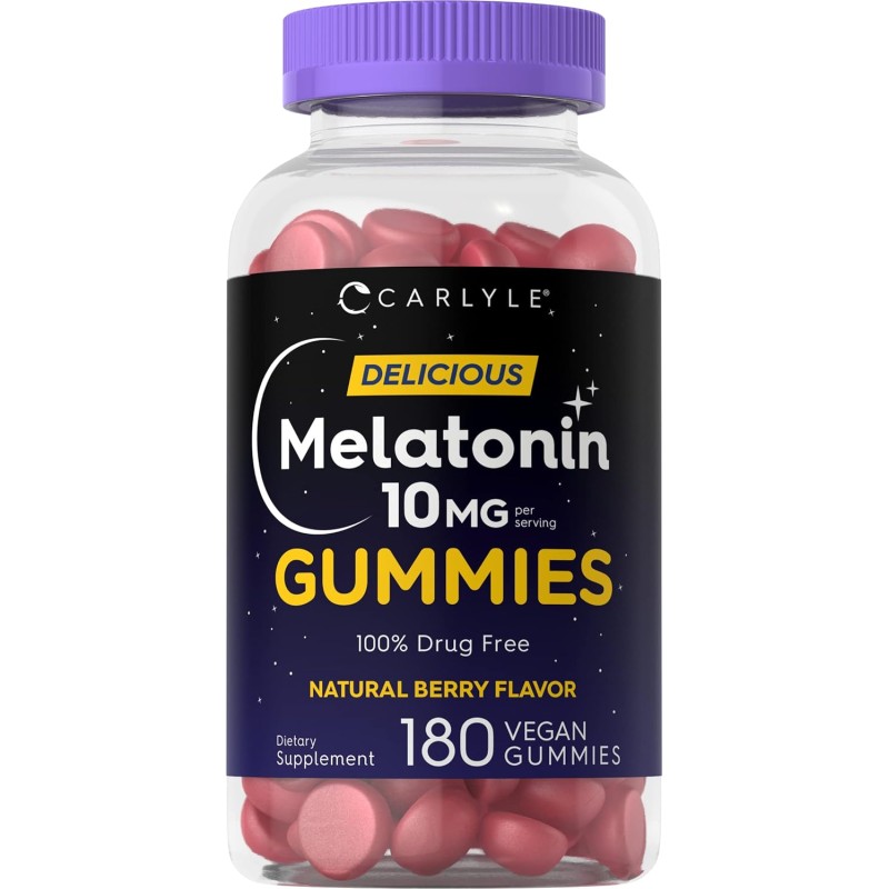 Carlyle Gomitas de melatonina de 10 mg | 180 unidades | Ayuda sin drogas para adultos | Sabor natural a bayas | Veganas, sin