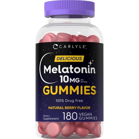 Carlyle Gomitas de melatonina de 10 mg | 180 unidades | Ayuda sin drogas para adultos | Sabor natural a bayas | Veganas, sin