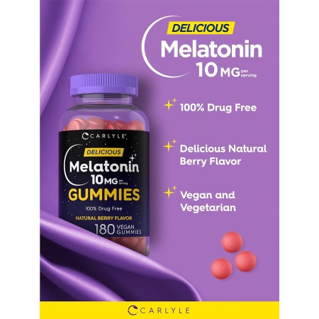 Carlyle Gomitas de melatonina de 10 mg | 180 unidades | Ayuda sin drogas para adultos | Sabor natural a bayas | Veganas, sin