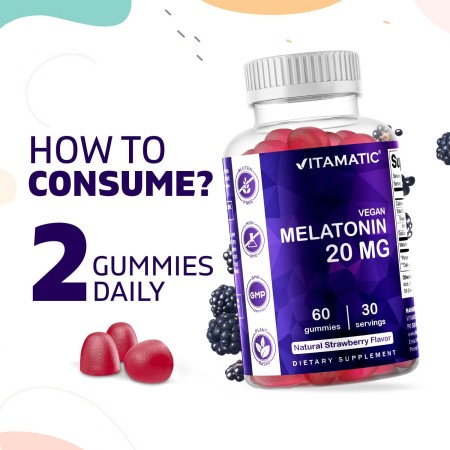 Vitamatic Gomitas de melatonina de 20 mg para adultos, 30 porciones, 60 gomitas vegetarianas, suplemento que no forma hábito (60