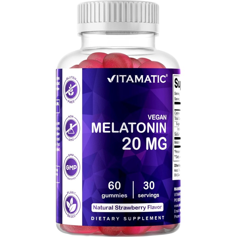 Vitamatic Gomitas de melatonina de 20 mg para adultos, 30 porciones, 60 gomitas vegetarianas, suplemento que no forma hábito (60