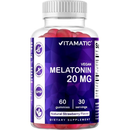 Vitamatic Gomitas de melatonina de 20 mg para adultos, 30 porciones, 60 gomitas vegetarianas, suplemento que no forma hábito (60