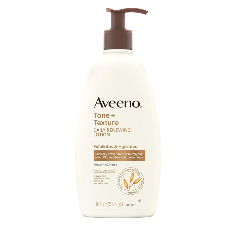 Aveeno Loción renovadora diaria Tone + Texture con avena prebiótica, loción suave exfolia e hidrata la piel sensible,