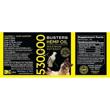 Buster's Aceite de cáñamo orgánico 530,000 suministro de 2 meses para perros y gatos - Potencia máxima - Fabricado en Estados