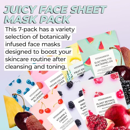 Vitamasques Kit de hojas de cuidado de la piel, paquete de 7, colección jugosa de máscaras faciales de triple capa -