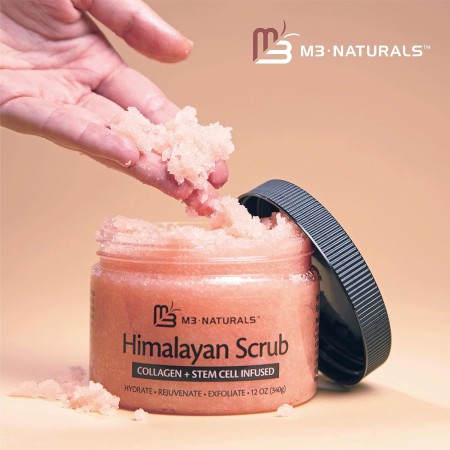 M3 Naturals - Exfoliante corporal y facial con sal del Himalaya y con lichi, aceite de almendras dulces, cuidado natural de la