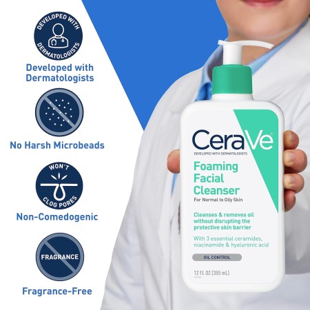 CeraVe Limpiador facial espumoso | Lavado facial diario para pieles grasas con ácido hialurónico, ceramidas y niacinamida, sin