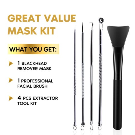 Kit de máscara removedora de puntos negros, máscara facial de carbón con cepillo facial y extractores de espinillas, máscara