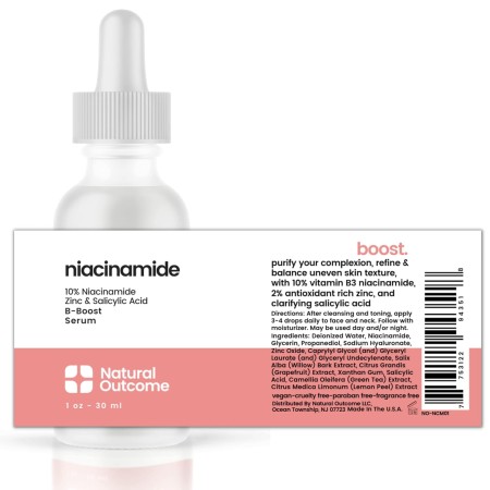 Suero de niacinamida para la cara por Natural Outcome Skin Care, B-Boost Niacinamida 10% Plus Zinc 2% ácido salicílico + ácido