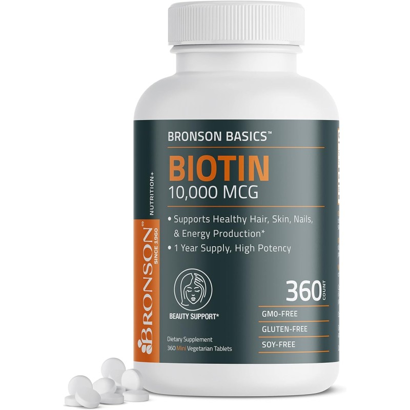 Bronson Biotin 10,000 MCG apoya la producción de energía saludable para el cabello, la piel y las uñas y la producción de