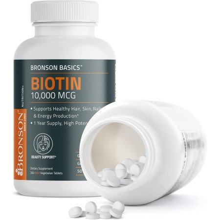 Bronson Biotin 10,000 MCG apoya la producción de energía saludable para el cabello, la piel y las uñas y la producción de