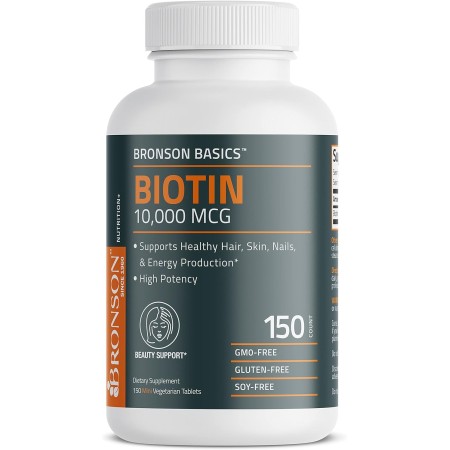 Bronson Biotin 10,000 MCG apoya la producción de energía saludable para el cabello, la piel y las uñas y la producción de