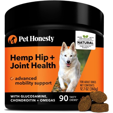 Pet Honesty Suplemento de cáñamo para cadera y articulaciones para perros, aceite de cáñamo y polvo de cáñamo, glucosamina