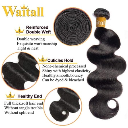 WAITALL Extensiones de cabello humano brasileño ondulado de 20 pulgadas, grado 10A, cabello virgen brasileño, ondulado, 100% sin