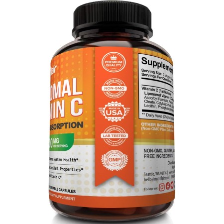 NutriFlair Vitamina C liposomal, 1600 mg, 180 cápsulas - Alta absorción, VIT C soluble en grasa, suplemento antioxidante, mayor