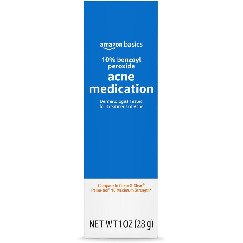 Amazon Basics Medicamento para el acné con peróxido de benzoilo al 10%, máxima fuerza