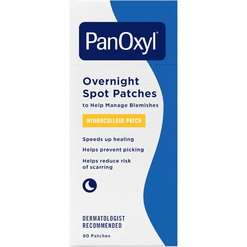 Parches nocturnos PanOxyl PM, tecnología avanzada de curación hidrocoloide, sin fragancia, 80 unidades.