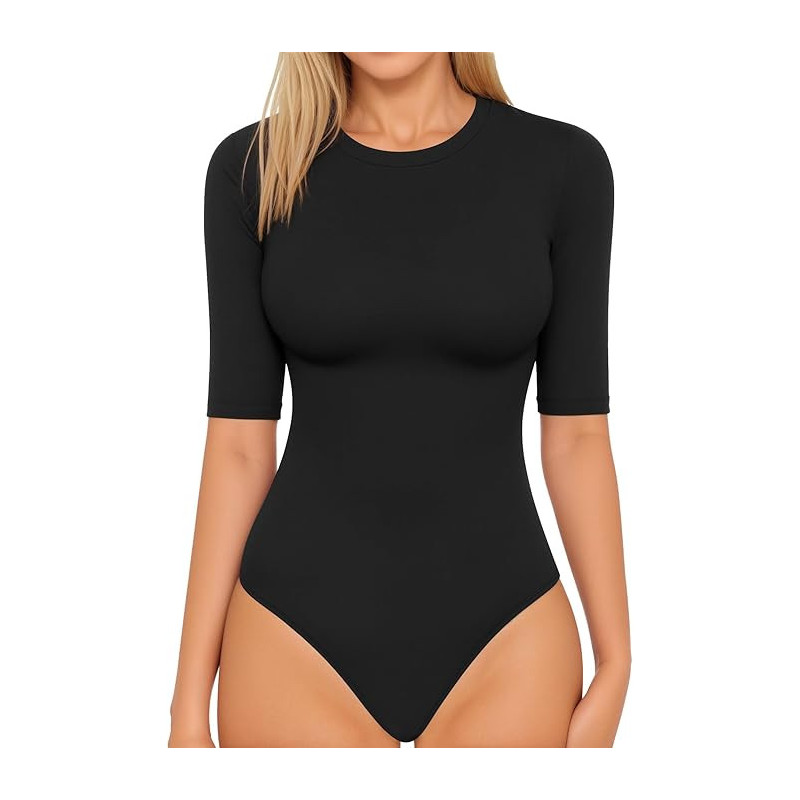 MANGOPOP Body de media manga con cuello redondo para mujer