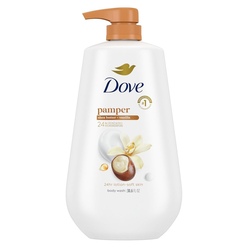 Dove Gel de baño con bomba Pamper manteca de karité y vainilla para 24 horas