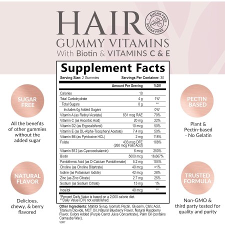 Gomitas de vitaminas para el cabello sin azúcar con biotina de 5000 mcg, vitamina A, B12, C, D, E, ácido fólico, apoya el