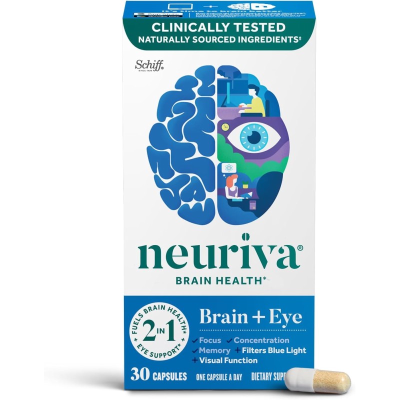 NEURIVA Suplemento cerebral + ocular para memoria, enfoque y concentración con luteína y vitaminas A C E y zinc para la salud