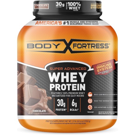 Body Fortress Proteína de suero en polvo súper avanzada, chocolate, apoyo inmunológico (1), vitaminas C y D más zinc, 3.9